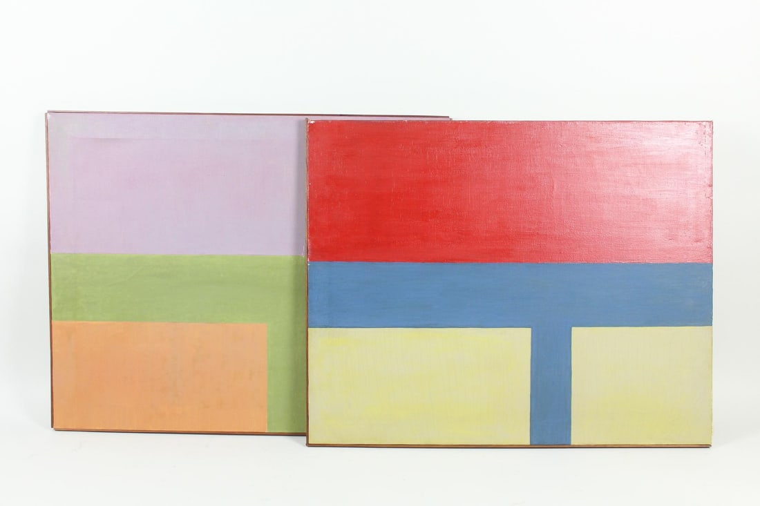 Pair of Minimalist Paintings Geometric Shapes, Bauhaus Style: Pair of Mid century modern Minimalist Paintings Geometric Shapes, Bauhaus Style. These very minimal paintings feature the same pattern with different color scheme. They are unsigned. Dimensions are 24