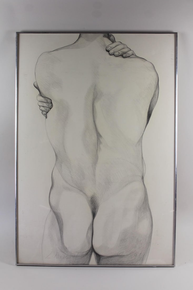 Lowell Nesbitt Nude "Male Torso" Graphite Drawing 1979: Lowell Nesbitt Nude "Male Torso" Graphite Drawing 1979, Gay Interest. Very large drawing on paper of a nude male torso from behind. Signed and dated 1979 in the lower margin by the artist Lowell Nesbi