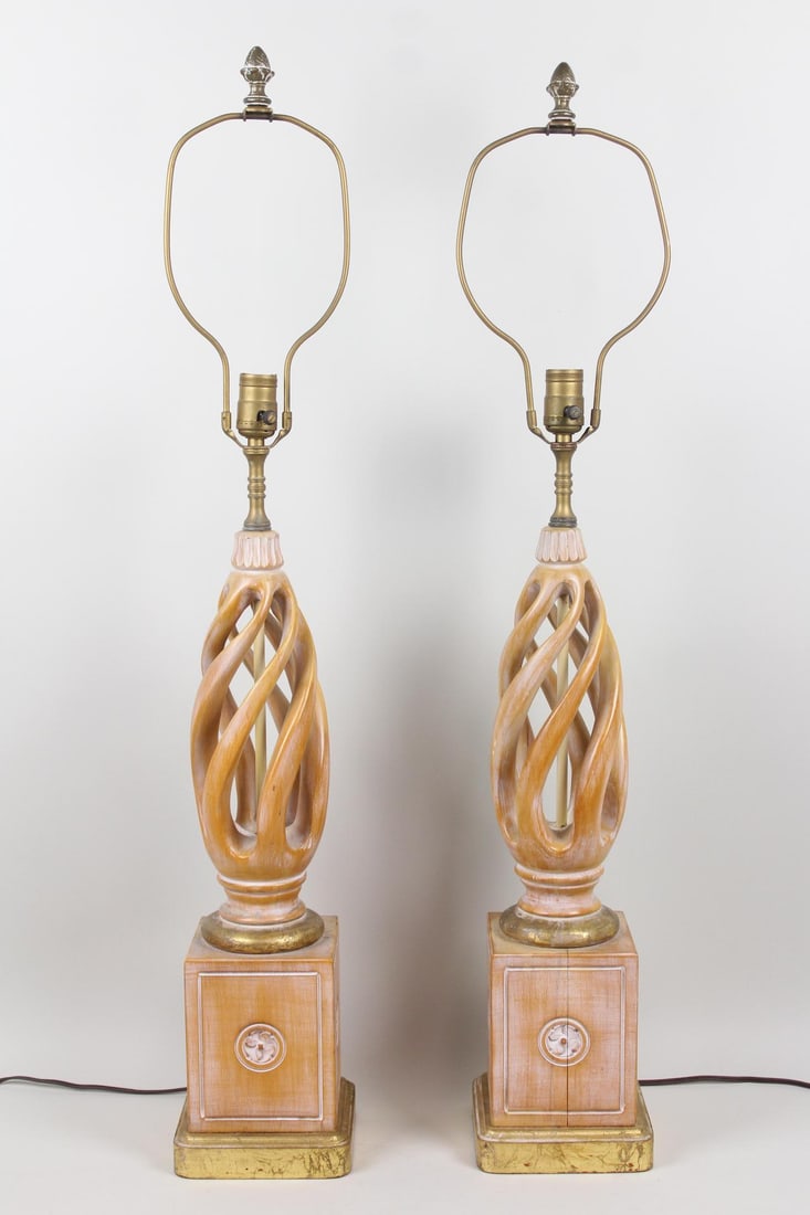 Pair of Frederick Cooper Barley Twist Wood Lamps: Pair of Hollywood Regency Frederick Cooper Barley Twist Wood Lamps. These mid century modern lamps have a great carved twisted shape. Dimensions are 37 in h x 6 in w x 6 in d. Condition is good. The l