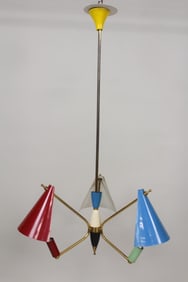 Mid Century Modern Italian Brass & Lacquered Metal Stilnovo Chandelier with Three Arms