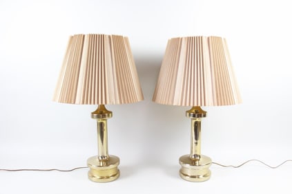 Pair of Laurel Lamps; Polished Brass with Pleated Shades