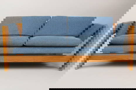 Sling Sofa by Jules Heumann for Metropolitan Furniture, 2-Seater: Mid Century Modern Sling Sofa by Jules Heumann for Metropolitan Furniture, 2-Seater. This oak framed sofa has a velvety blue upholstery. We have the 3-Seater version in our other auctions. Dimensions
