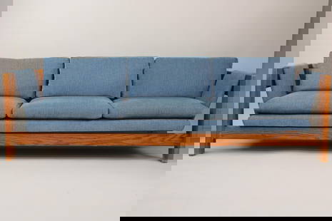 Sling Sofa by Jules Heumann for Metropolitan Furniture, 3-Seater: Mid Century Modern Sling Sofa by Jules Heumann for Metropolitan Furniture, 3-Seater. This oak framed sofa has a velvety blue upholstery. We have the 2-Seater version in our other auctions.Dimensions a