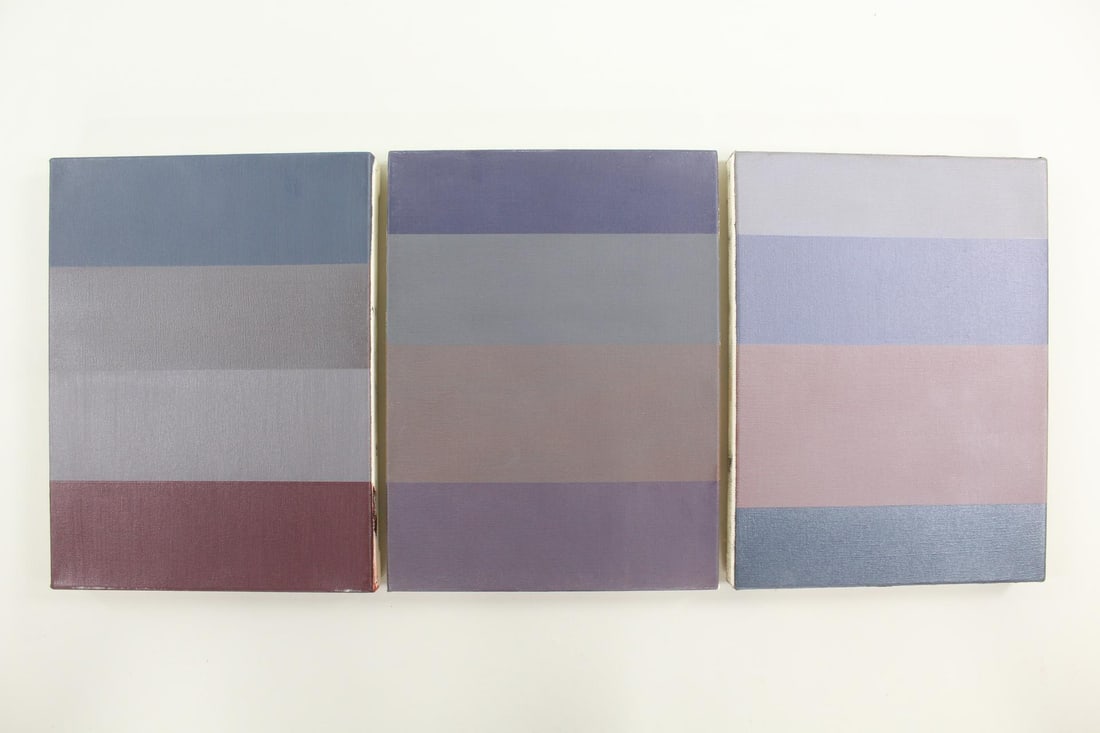 Group of 3 Clark Murray Monochromatic Minimalist Paintings: Group of 3 Clark Murray Monochromatic Gradient Paintings, Purples, Grays & Blues. Minimalist color field rectangular paintings on stretched canvas. Two are dated 1991 and signed on the back by the art