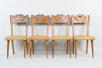 Set of 4 Italian Baroncini Firenze Oak & Rattan Chairs