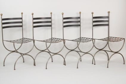 Set of 4 Polished Iron and Brass Savonarola Ladder Chairs