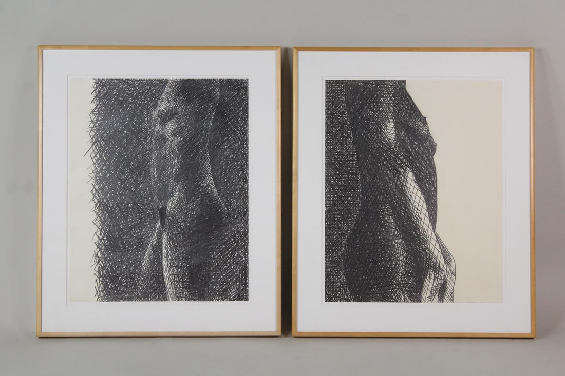 Pair of Clark Murray Framed Nude Female Figure Drawings, Mimi: Pair of Clark Murray Modernist Framed Nude Female Figure Drawings, Mimi. Two matching pencil drawings on paper of female nude torsos, by the artist Clark Murray (American 1937-2022) and in wood frames