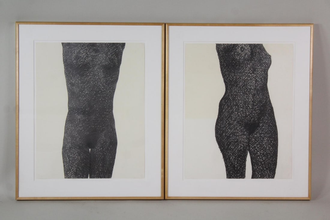 Pair of Clark Murray Framed Nude Female Figure Drawings, Mimi & Jenny: Pair of Clark Murray Framed Modernist Nude Female Figure Drawings, Mimi & Jenny. Two matching pencil drawings on paper of female nude torsos, by the artist Clark Murray (American 1937-2022) and in woo