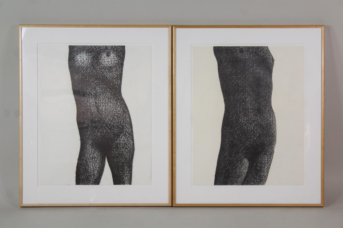 Pair of Clark Murray Framed Nude Female Figure Drawings, Sophie: Pair of Clark Murray Framed Modernist Nude Female Figure Drawings, Sophie. Two matching pencil drawings on paper of female nude torsos, by the artist Clark Murray (American 1937-2022) and in wood fram