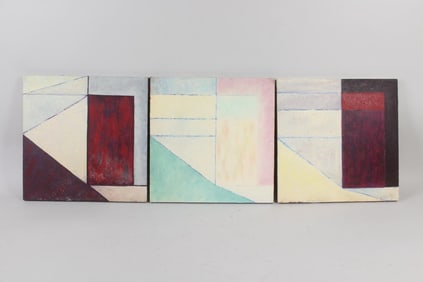 Group of 3 Clark Murray Geometric Abstract Paintings, Red & Pastel