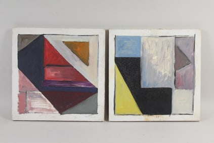 Pair of Clark Murray Geometric Abstract Paintings, White Borders