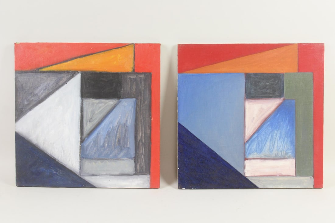 Pair of Clark Murray Geometric Abstract Paintings; Gray, Red & Blue (1 of 11)