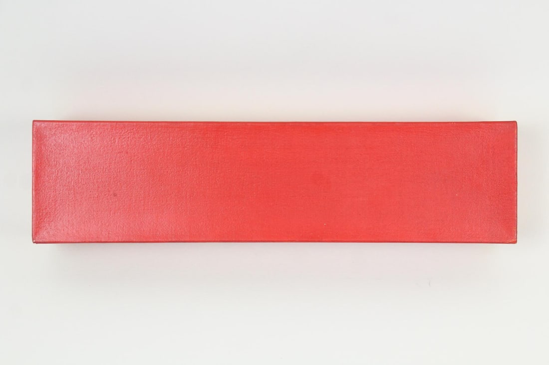 Clark Murray Minimalist Red Monochromatic Rectangle Painting: Clark Murray Red Monochromatic Painting. Small painting on stretched canvas in vibrant red, with yellow showing through on the edges. Unsigned, by the artist Clark Murray (American 1937-2022.) Dimensi