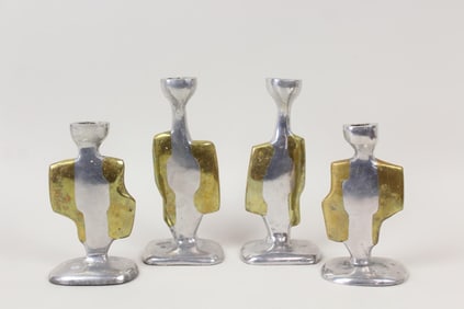 Set of 4 David Marshall Brutalist Mixed Metal Candlesticks