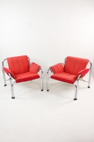 Pair of Chrome & Red Lounge Chairs, Viliam Chlebo for Kodret Mojave