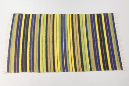 Minimalist Yellow & Blue Striped Kilim Rug, 4 x 6 Ft