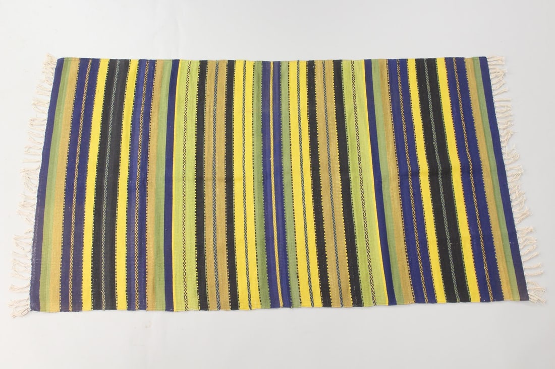 Minimalist Yellow & Blue Striped Kilim Rug, 4 x 6 Ft (1 of 7)