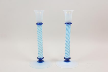 Pair of Fry Foval Opalescent Art Glass Candlesticks