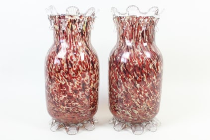Pair of Red Carnival Spatter Glass Vases