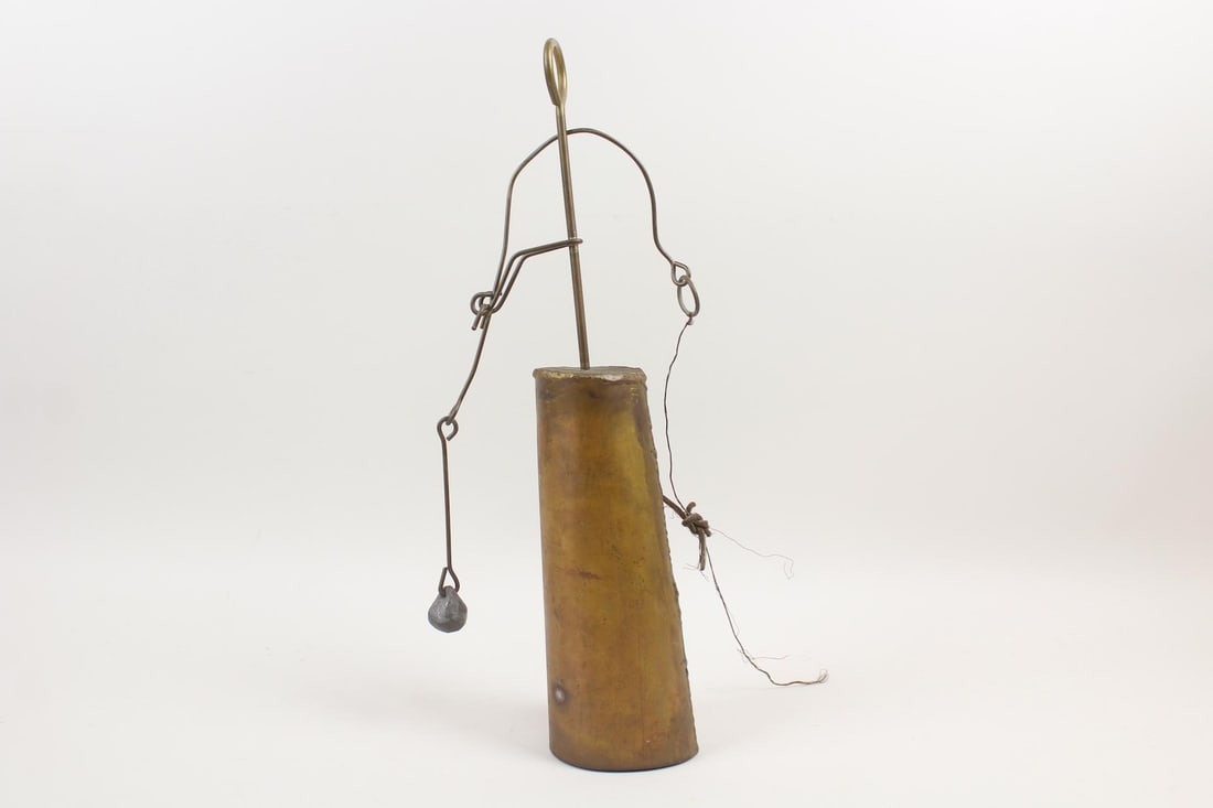 Richard Fisher Brutalist Bronze Wind Bell: Richard Fisher Brutalist Bronze Wind Bell. Single welded bronze bell with unusual clapper on the exterior. Marked by the Maine bell maker Richard Fisher. Great patina. Dimensions are 19.25 in h x 8 in