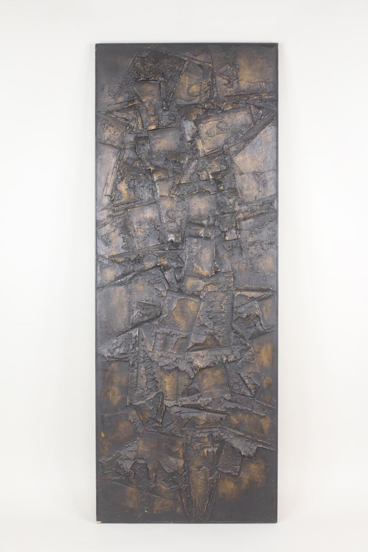 Brutalist Black & Gold Textured Painting: Miod Century Modern Brutalist Modernist Black & Gold Textured Painting. Large vertical painting on wood, with thick black textured paint, highlighted in gold. Simple wood strip frame, painted black. D
