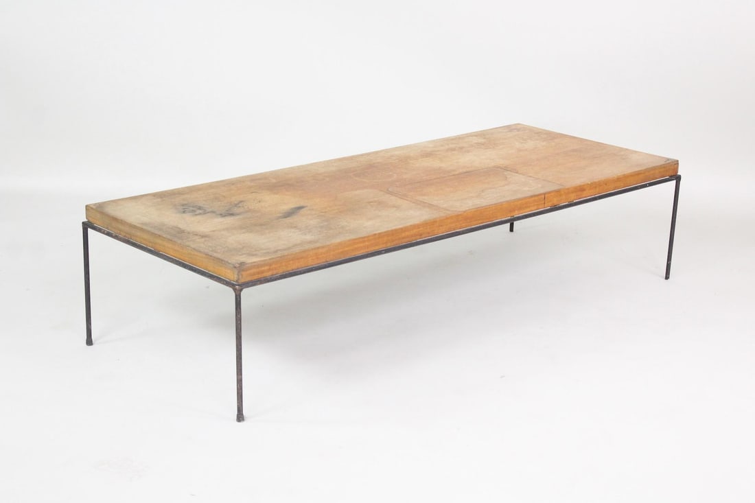 Paul McCobb Wood & Iron Coffee Table, 2 of 2: Mid-Century Modern Paul McCobb for Planner Group Wood & Iron Coffee Table, 2 of 2. This minimalist low rise table has a simple metal welded frame and thick wood slab top. No maker's mark, we believe t