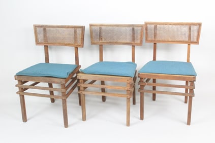 Set of 3 Handmade Mid-Century Modern Wood & Caned Chairs