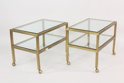 Pair of Minimalist Brass & Glass Rolling Side Tables