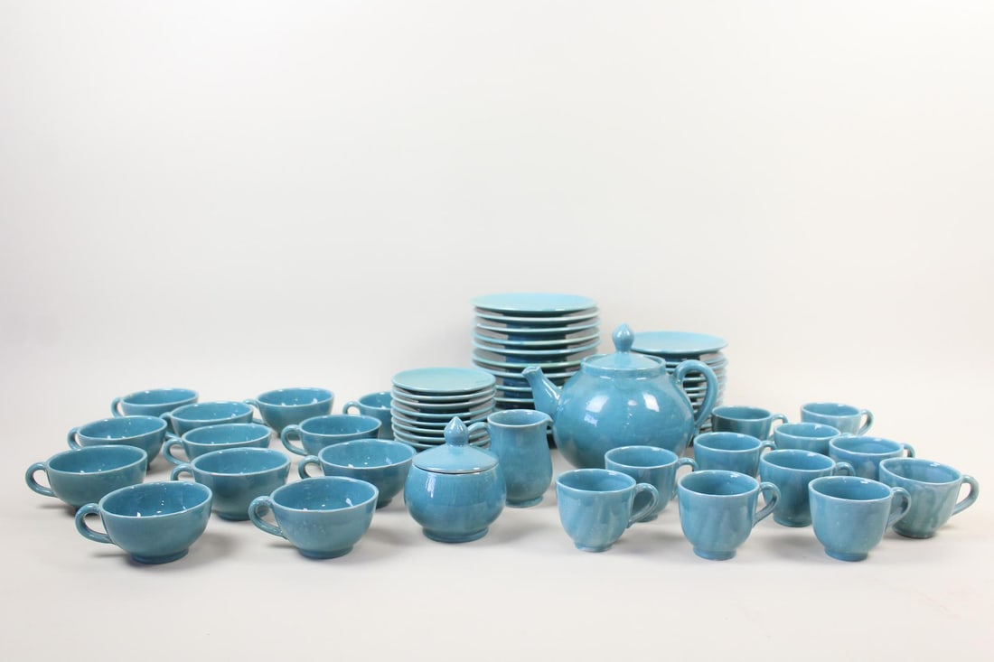 Lot of 60 Blue Glazed Ceramic Dishes Cups Teapot Kitchenware, Jerusalem: Lot of 60 Blue Glazed Ceramic Dishes Cups Teapot Kitchenware, Jerusalem. This large lot of minimalist pottery service includes 11 espresso cups, 12 coffee cups, 11 bread plates, 11 medium plates, 12 d