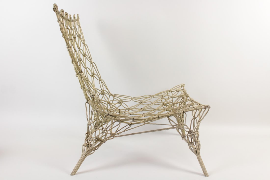 Postmodern 'Knotted Chair' by Marcel Wanders: Postmodern 'Knotted Chair' by Marcel Wanders. Designed in 1996, this epoxy resin coated chair holds up with a nautical netted frame of tied top cords in repeating knots. No visible maker's mark, this