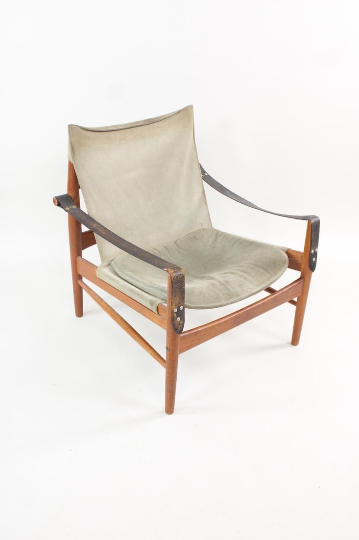 Hans Olsen "Antelope" Teak & Suede Safari Chair: Mid-Century Modern Hans Olsen "Antelope" Teak & Suede Safari Chair. 1960's Chair in olive suede with black leather arms and teak frame. Marked Viska Mobler, Kinna Sweden. Dimensions are 28.5 in h x 24