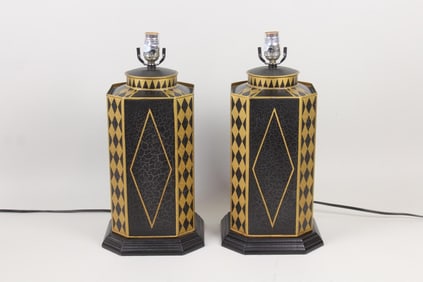Pair of Black & Gold Tole Painted Tea Canister Lamps, Harlequin Pattern