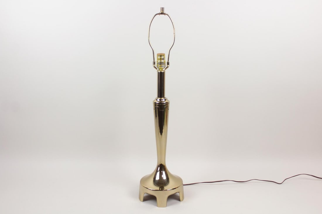 Mid Century Modern Brass Lamp, Style of Frederick Cooper: Mid Century Modern Brass Lamp. This lamp is very similar to another lamp designed by Frederick Cooper, it could also be a Laurel lamp.. Dimensions are 30 in h x 7 in w x 7 in d. Condition is good. The