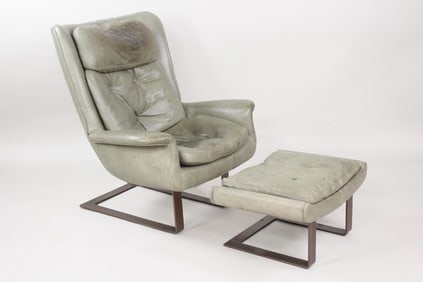 Danish Modern Grey Leather Lounge Chair & Ottoman, Bronze Base