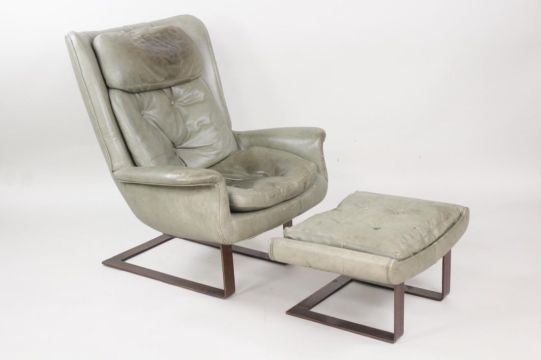 Danish Modern Grey Leather Lounge Chair & Ottoman, Bronze Base (1 of 20)
