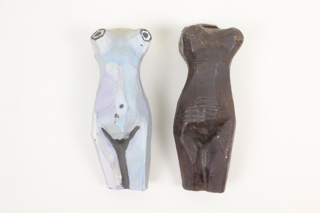 Clark Murray Minimalist Female Nude Paintewd Bronze Sculpture & Wax Mold: Pair of Clark Murray Modernist Female Nude Torso Figural Sculptures, Bronze & Wax. Two small sculptures of female torsos with matching forms, one in wax (which has been painted) and one in bronze, by 