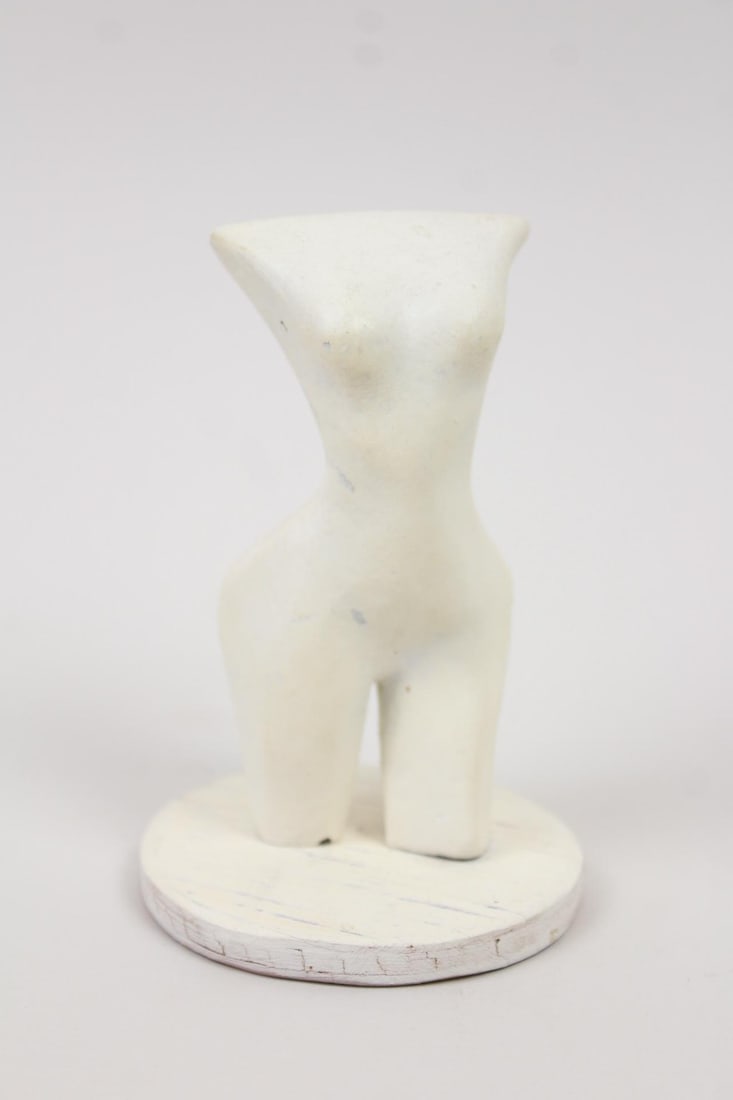 Clark Murray Painted White Bronze Female Nude Sculpture: Clark Murray Painted White Bronze Female Nude Sculpture. Small bronze that is painted white on a small wood base, sculpture of a female torso by the artist Clark Murray (American 1937-2022.) On a wood