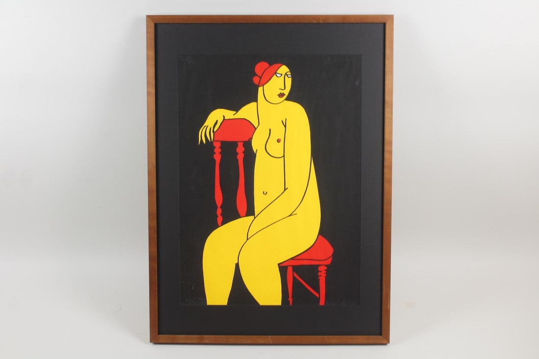 Modernist Print of a Yellow Nude Woman, Signed Rut: Modernist Print of a Yellow Nude Woman, Signed Rut. Vibrant print in 3 colors, signed, dated and numbered 60/65 Rut 83 lower right. The artist could possibly be Ana Rut Bre (German.) In a wooden frame