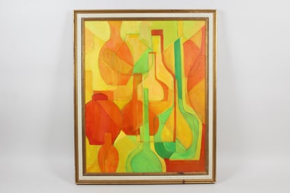Modernist Colorful Abstract Painting of Bottles