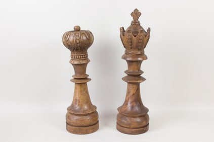 Pair of Oversized Carved Chess Pieces, Queen & King