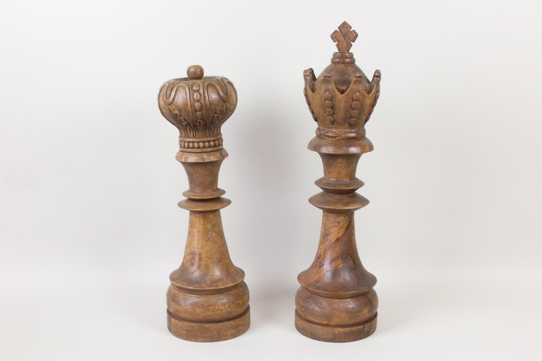 Pair of Oversized Carved Chess Pieces, Queen & King (1 of 10)