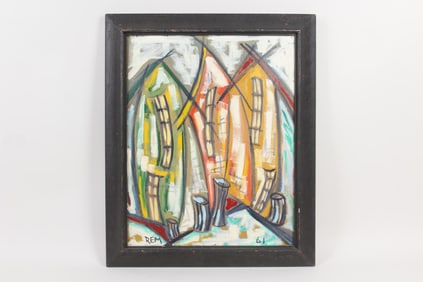 Naive Surreal Painting, "3 Houses" R. Meyer 1961