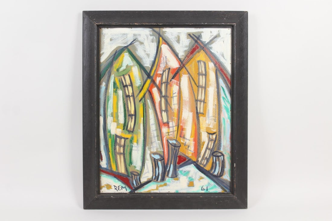 Naive Surreal Painting, "3 Houses" R. Meyer 1961 (1 of 13)