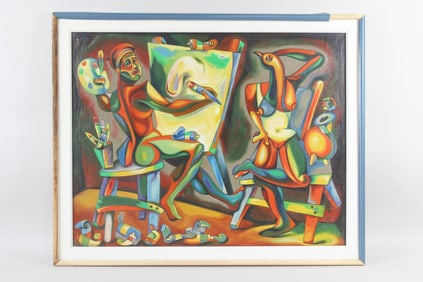 Surrealist Painting of an Artist & His Muse, Signed Viltres