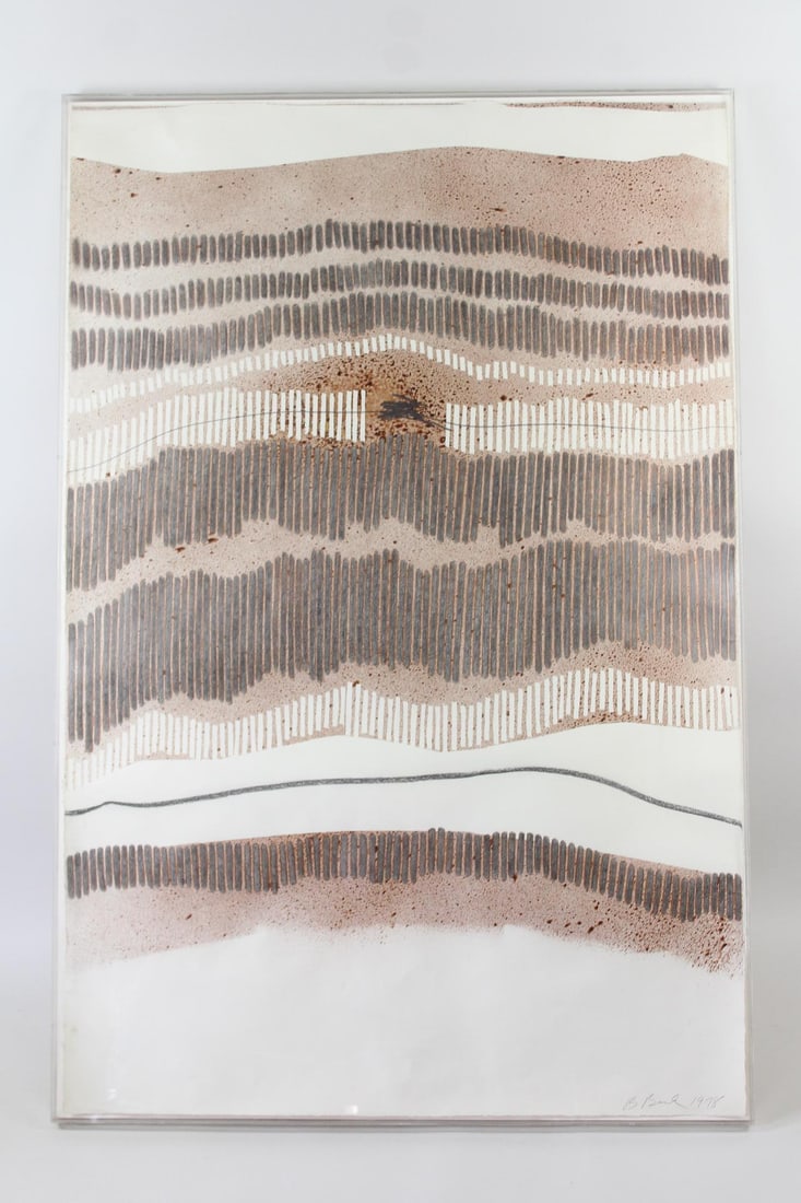 Large Mixed Media Painting by Barbara Beck 1978: Large Mixed Media Painting by Barbara Beck 1978. The artist Barbara Beck was a printmaker. This piece involves printmaking and drawing / painting. Dimensions are 55.75 in h x 37 in w x 1.5 in d. Condi
