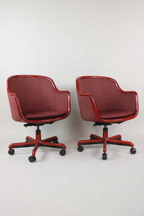 Pair of Ward Bennett Maroon Striped Office Chairs, 1 of 2: Pair of Ward Bennett Maroon Striped Office Chairs, 1 of 2. These wood framed chairs have casters and nice maroon striped upholstery. They are Ward Bennett. A tag underneath says they were reupholstere