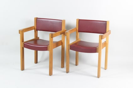 Pair of Mid-Century Modern Cubist Oak & Vinyl Armchairs
