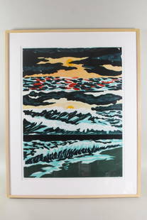 Richard Bosman Linocut "Sunset" 1987: Richard Bosman Linoleum Block Print "Sunset" 1987. Pencil signed and numbered 6/40 in the lower margin by the artist Richard Bosman (American, born in India 1944) In a wooden frame. From the collectio