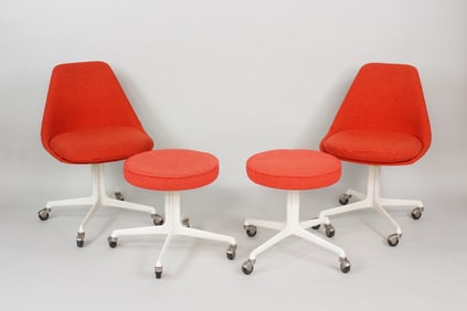 Pair of Red Burke Swivel Chairs with Ottoman Stools