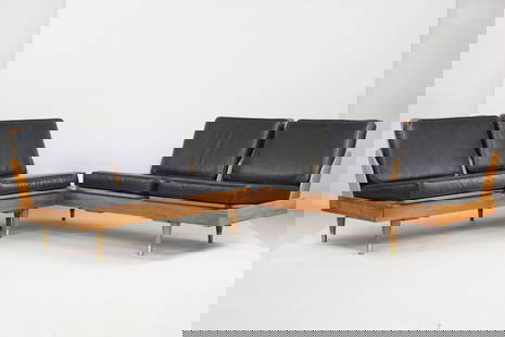 Adrian Pearsall Sectional Sofa & Table, Craft Associates: Mid Century Modern Adrian Pearsall L-Shaped Sectional Sofa & Table, Craft Associates. This black and white with wood sofa set is two pieces that come together with a table. No makers mark. Dimensions